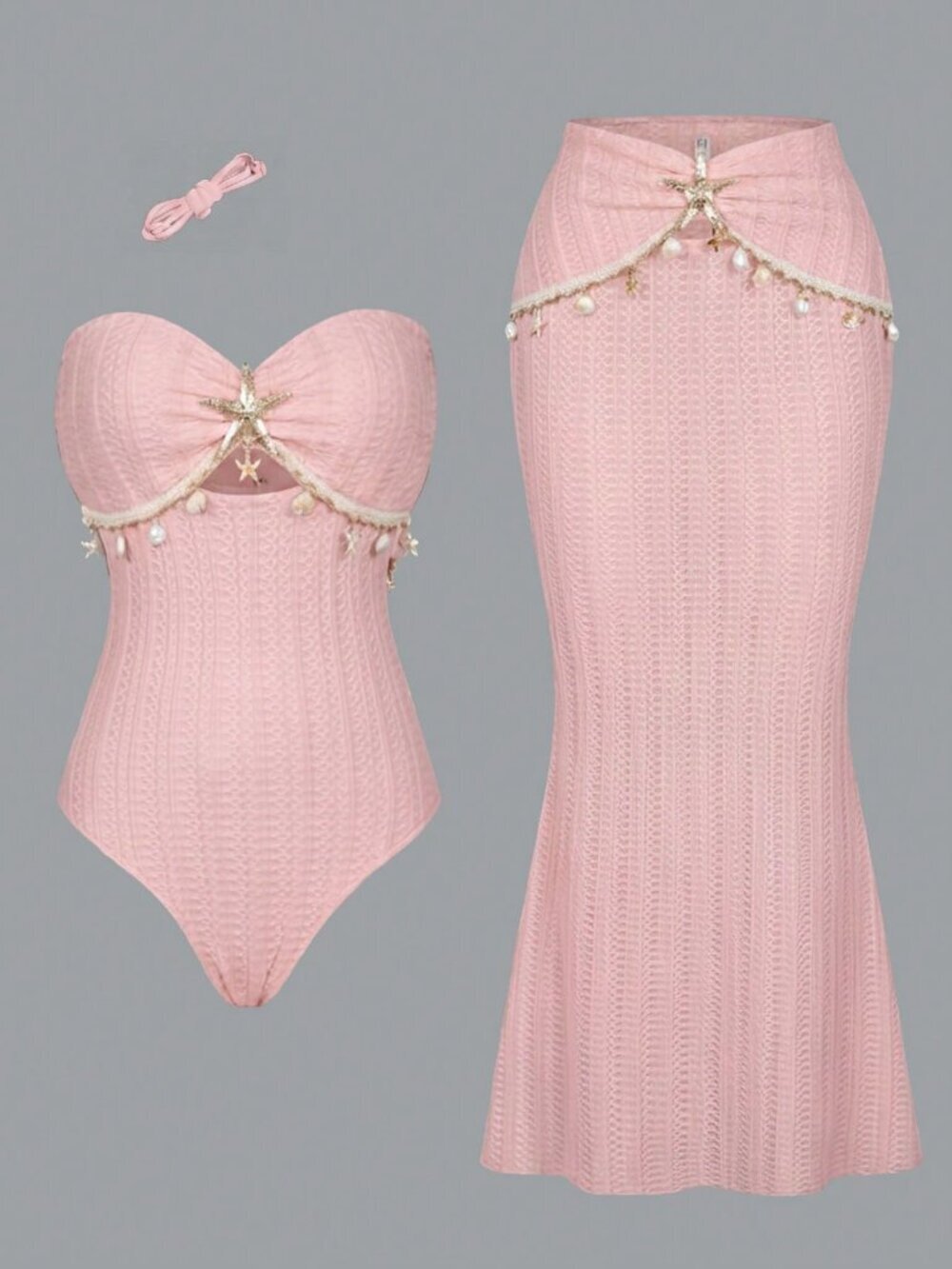 Pink Casual Women's One-Piece Beach swimsuit matching coverup skirt - Picture 5 of 6